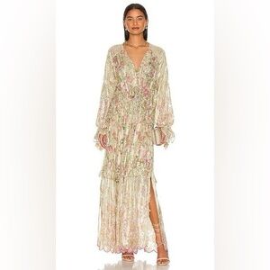 HEMANT & NANDITA Nina Georgette Floral Metallic Kaftan Dress In Pale Mint